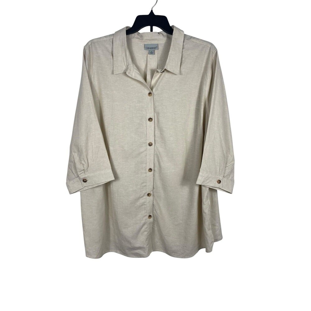 Catherines Womens 2X Linen Blend Button Front Tunic Shirt Beige 3/4 Sleeve Top